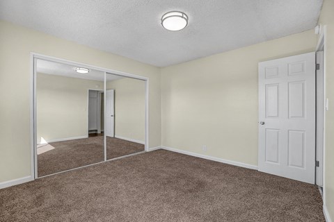 an empty bedroom with a mirrored closet and a carpeted floor